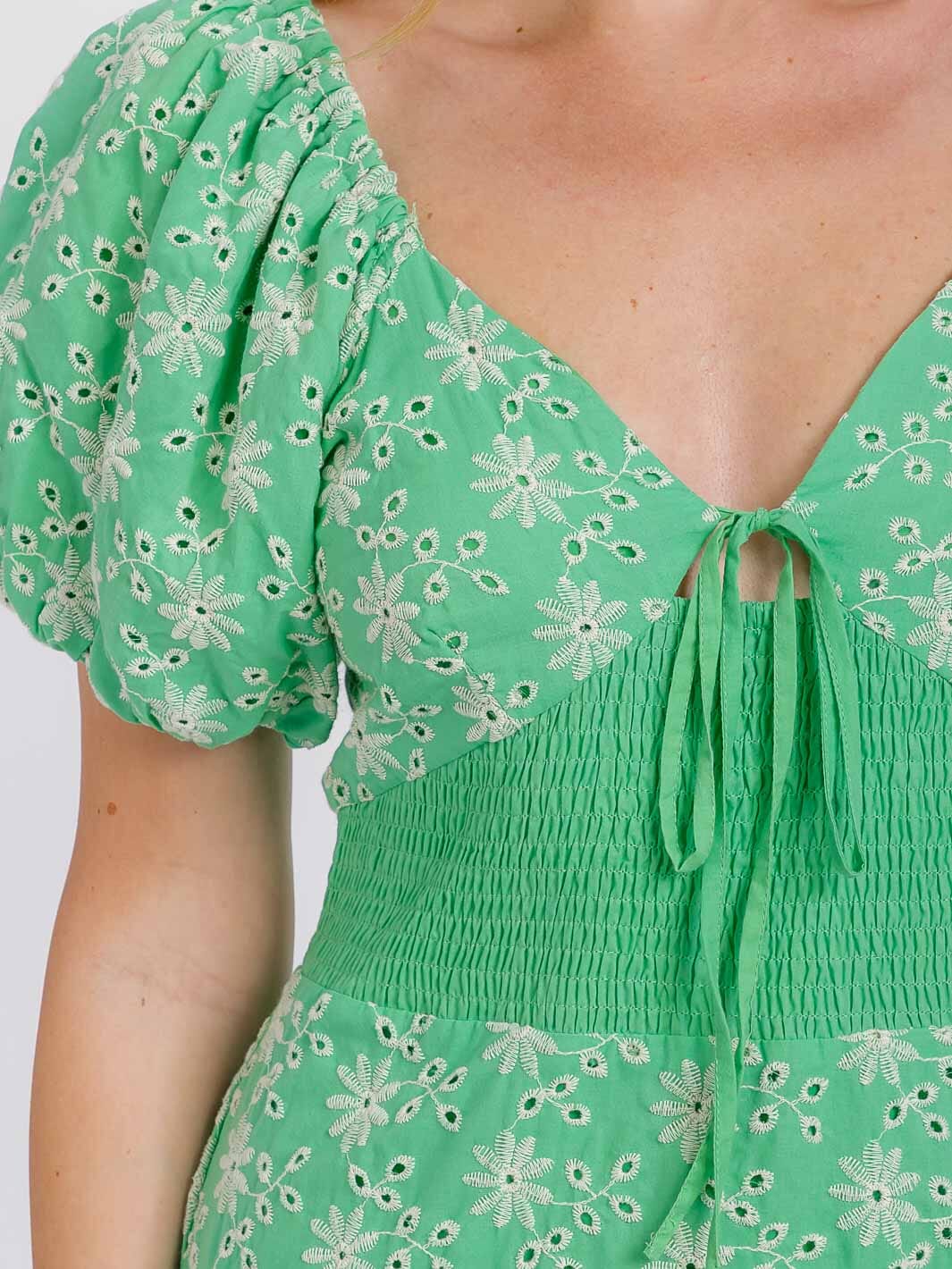 WOMEN'S SHORT PUFF SLEEVE V-NECK SMOCK EYELET FLORAL MINI DRESS