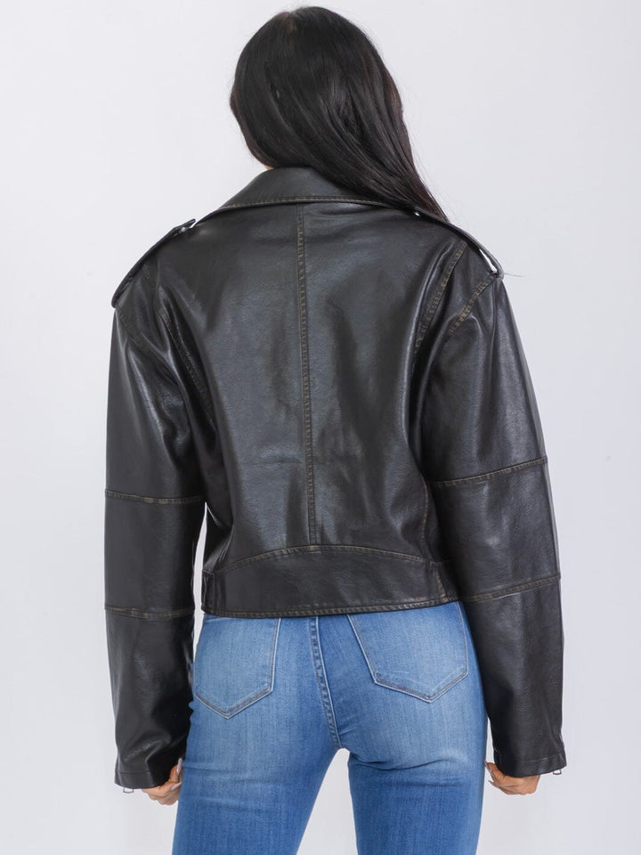 WOMEN'S LONG SLEEVE ZIPPER CLOSURE PU PLEATHER JACKET