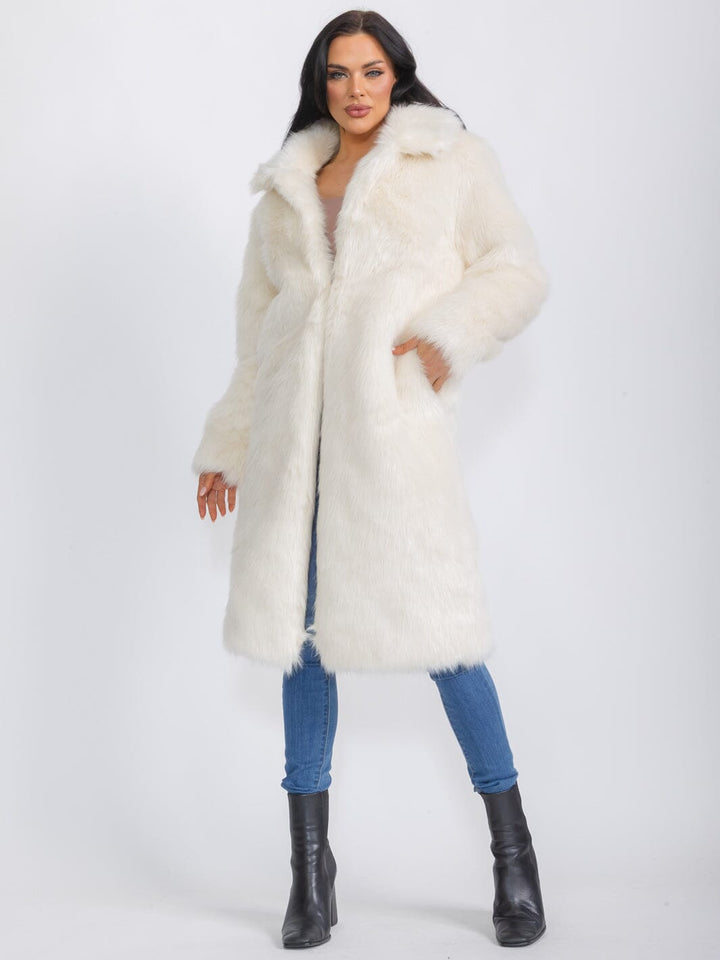 WOMEN'S LONG SLEEVE BUTTON CLOSURE FRONT POCKETS FAUX FUR COAT