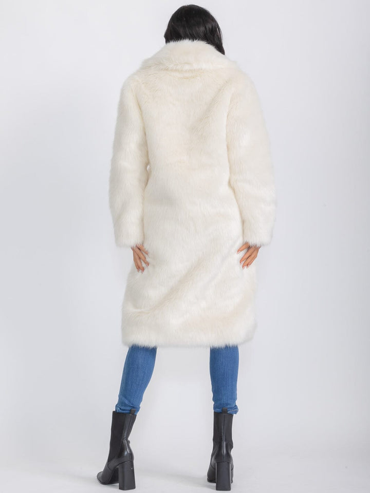 WOMEN'S LONG SLEEVE BUTTON CLOSURE FRONT POCKETS FAUX FUR COAT