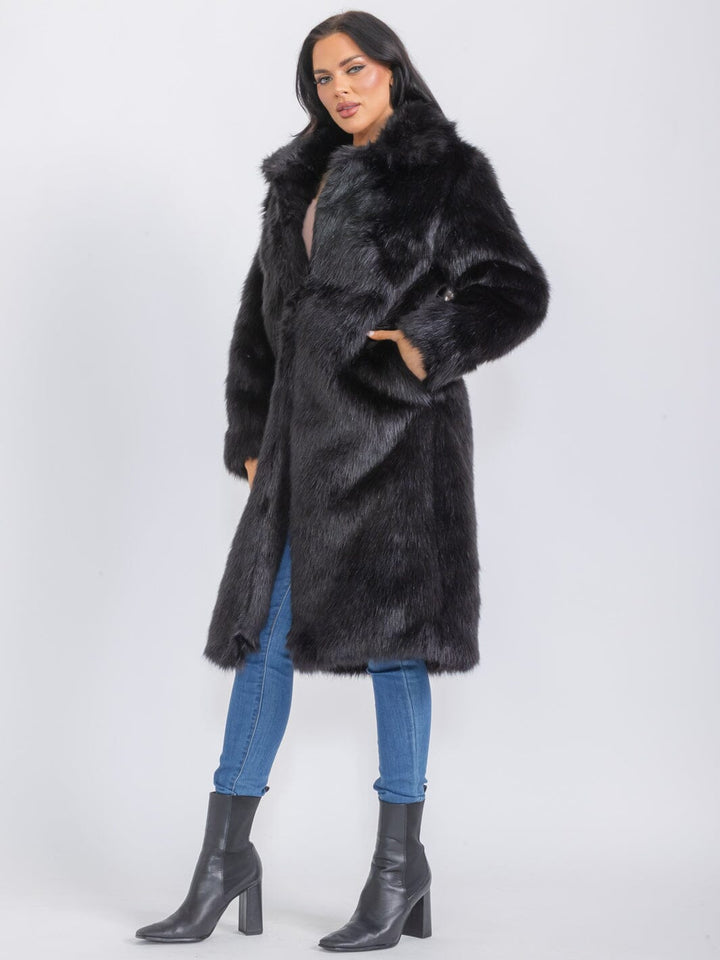 WOMEN'S LONG SLEEVE BUTTON CLOSURE FRONT POCKETS FAUX FUR COAT