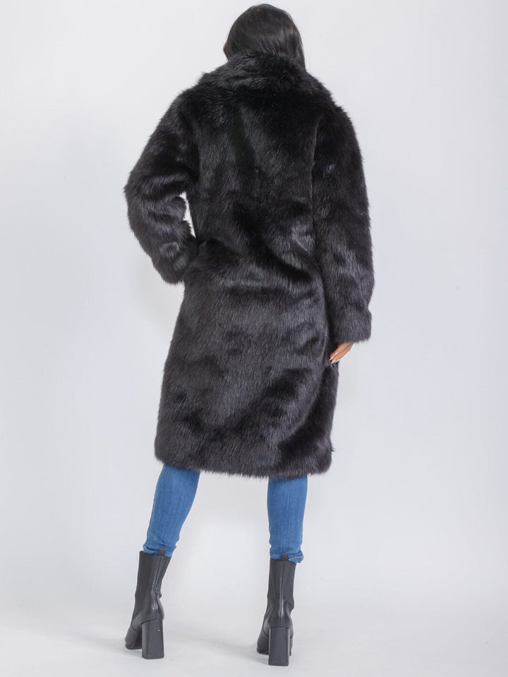 WOMEN'S LONG SLEEVE BUTTON CLOSURE FRONT POCKETS FAUX FUR COAT