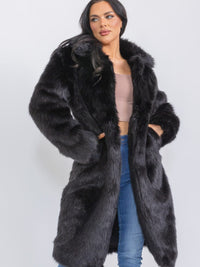 WOMEN'S LONG SLEEVE BUTTON CLOSURE FRONT POCKETS FAUX FUR COAT