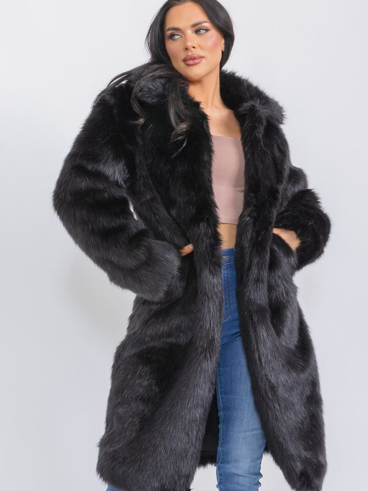 WOMEN'S LONG SLEEVE BUTTON CLOSURE FRONT POCKETS FAUX FUR COAT