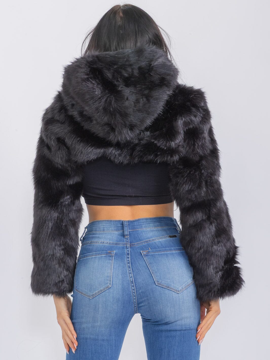 WOMEN'S LONG SLEEVE BUTTON CLOSURE HOODED SHERPA CROP JACKET