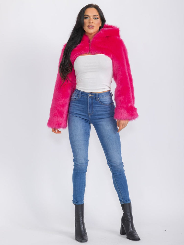 WOMEN'S LONG SLEEVE BUTTON CLOSURE HOODED SHERPA CROP JACKET