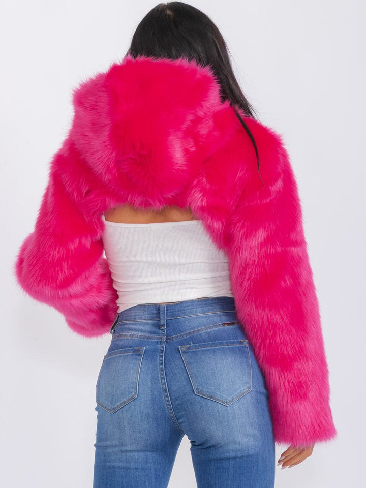 WOMEN'S LONG SLEEVE BUTTON CLOSURE HOODED SHERPA CROP JACKET