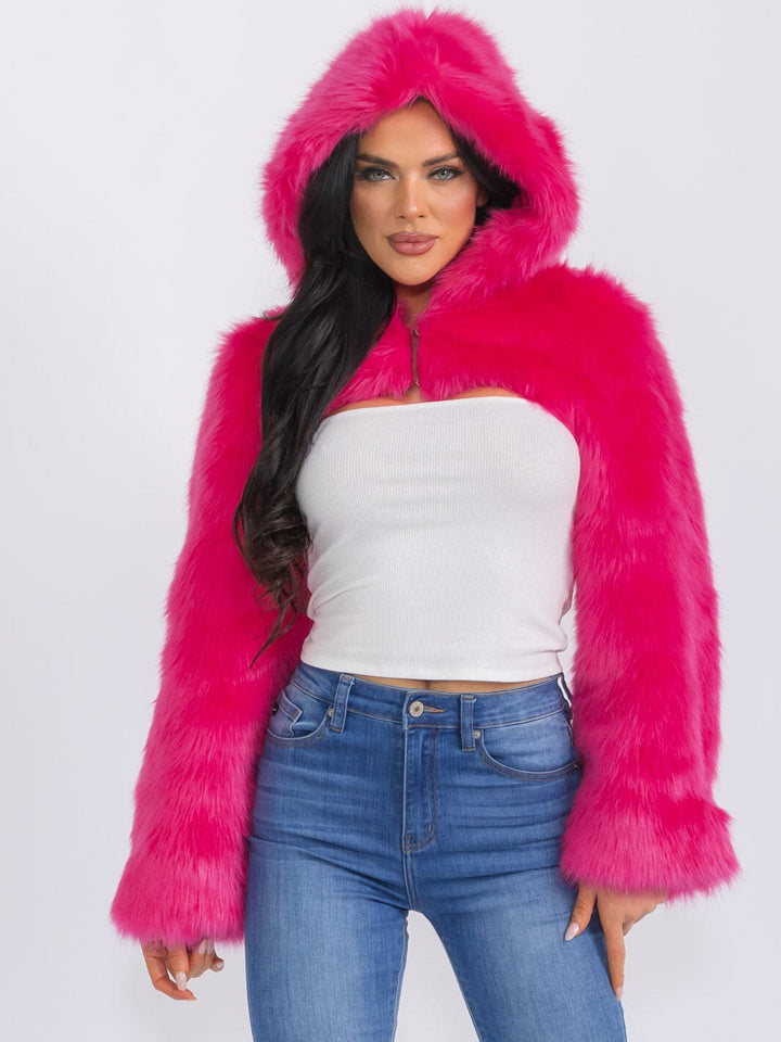 WOMEN'S LONG SLEEVE BUTTON CLOSURE HOODED SHERPA CROP JACKET