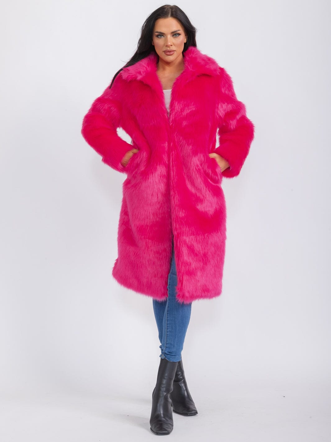 WOMEN'S LONG SLEEVE BUTTON CLOSURE FRONT POCKETS FAUX FUR COAT