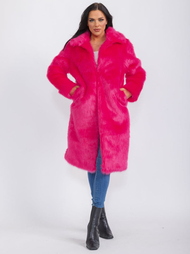 WOMEN'S LONG SLEEVE BUTTON CLOSURE FRONT POCKETS FAUX FUR COAT