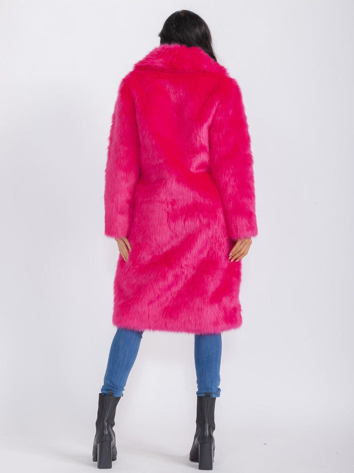 WOMEN'S LONG SLEEVE BUTTON CLOSURE FRONT POCKETS FAUX FUR COAT