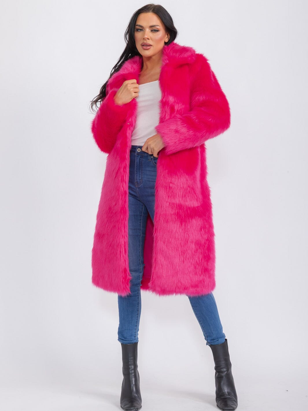 WOMEN'S LONG SLEEVE BUTTON CLOSURE FRONT POCKETS FAUX FUR COAT