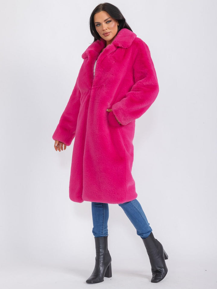 WOMEN'S LONG SLEEVE BUTTON CLOSURE FRONT POCKETS FAUX FUR COAT