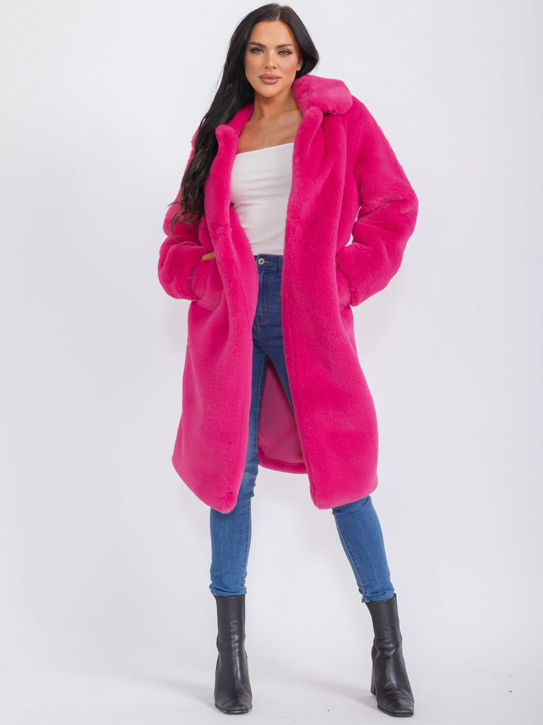 WOMEN'S LONG SLEEVE BUTTON CLOSURE FRONT POCKETS FAUX FUR COAT