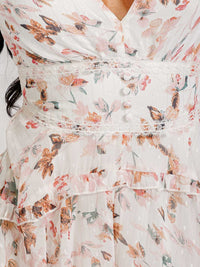 WOMEN'S SHORT PUFF SLEEVE V-NECK RUFFLE FLROAL ROMPER