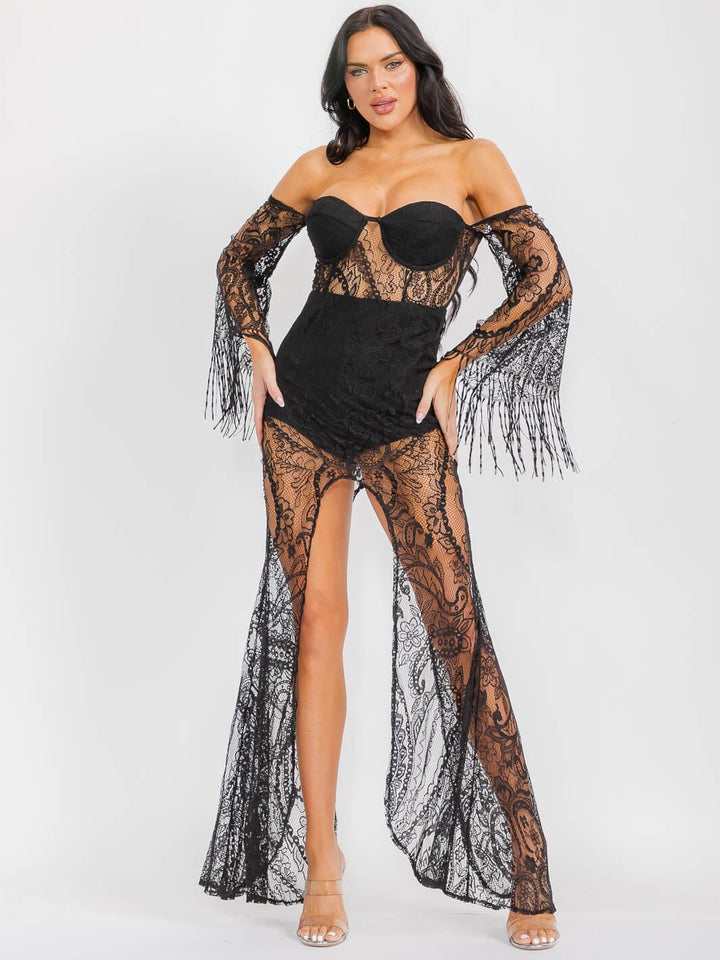 WOMEN'S LONG SLEEVE OFF SHOULDER LACE JUMPSUIT