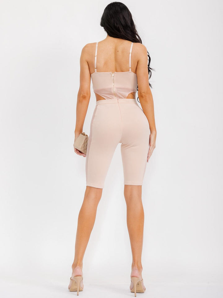 WOMEN'S SLEEVELESS BODYSUIT & ELASTIC WAIST SHORTS CONTRAST MESH 2PC. SET