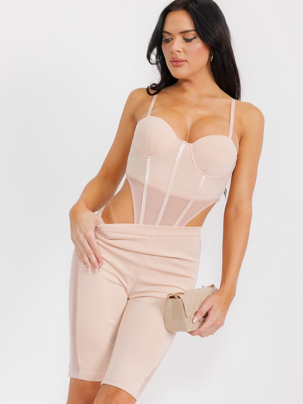 WOMEN'S SLEEVELESS BODYSUIT & ELASTIC WAIST SHORTS CONTRAST MESH 2PC. SET