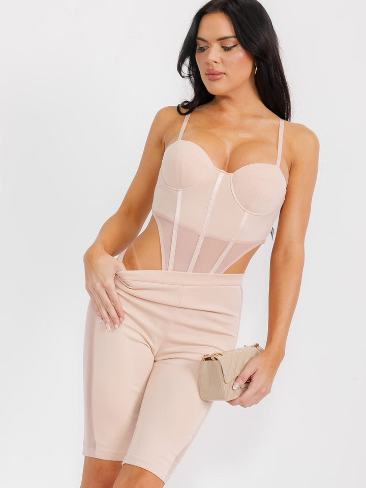 WOMEN'S SLEEVELESS BODYSUIT & ELASTIC WAIST SHORTS CONTRAST MESH 2PC. SET