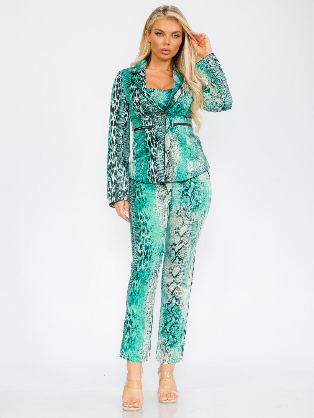 WOMEN'S LONG SLEEVE BLAZER WITH CROP TOP & BUTTON CLOSURE PANTS SNAKE PRINT 3PC SET