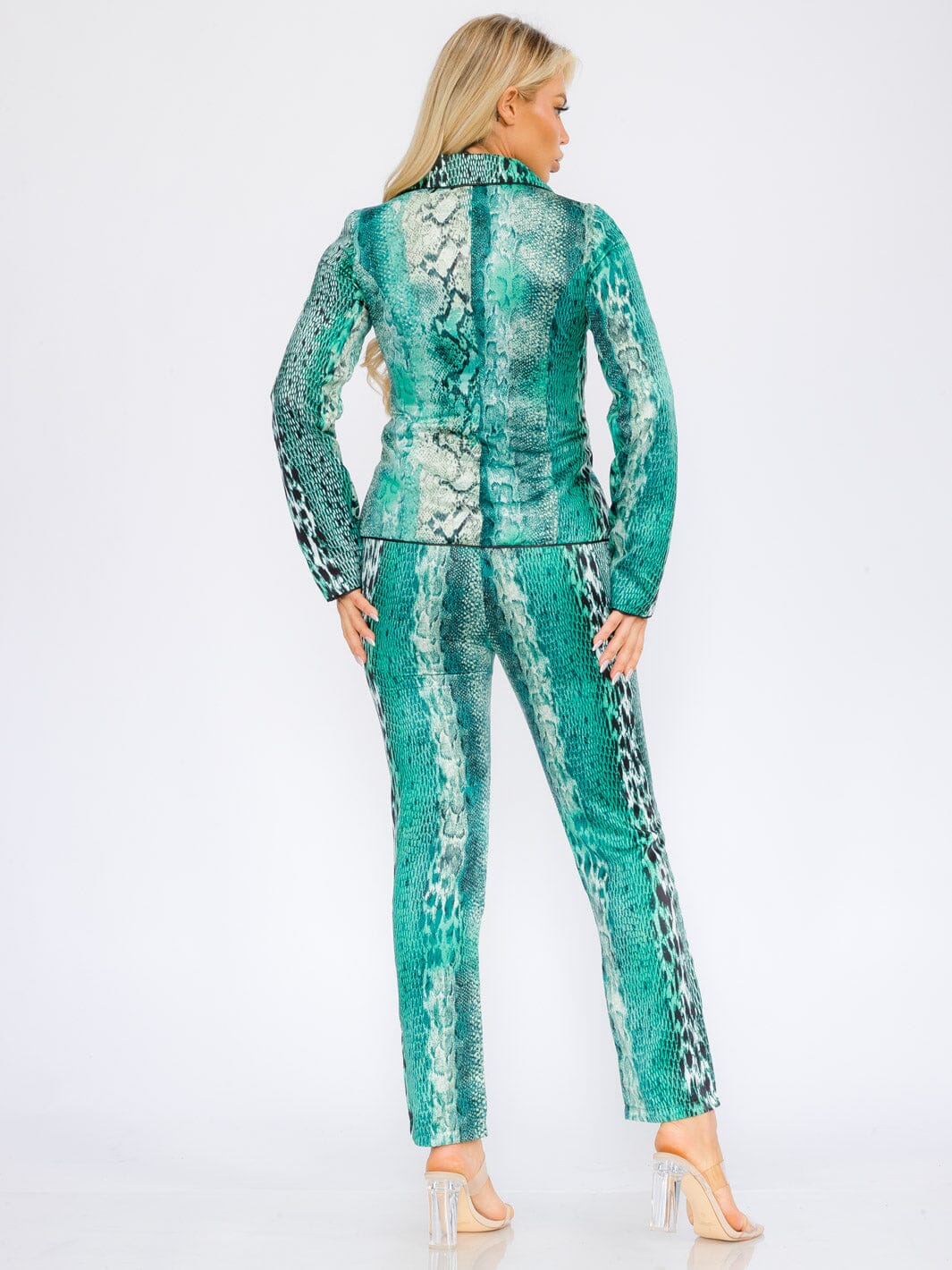 WOMEN'S LONG SLEEVE BLAZER WITH CROP TOP & BUTTON CLOSURE PANTS SNAKE PRINT 3PC SET
