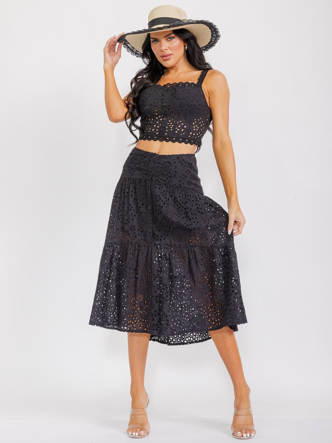 WOMEN'S SLEEVELES CROP TOP & MAXI SKIRT EYELET 2PC. SET