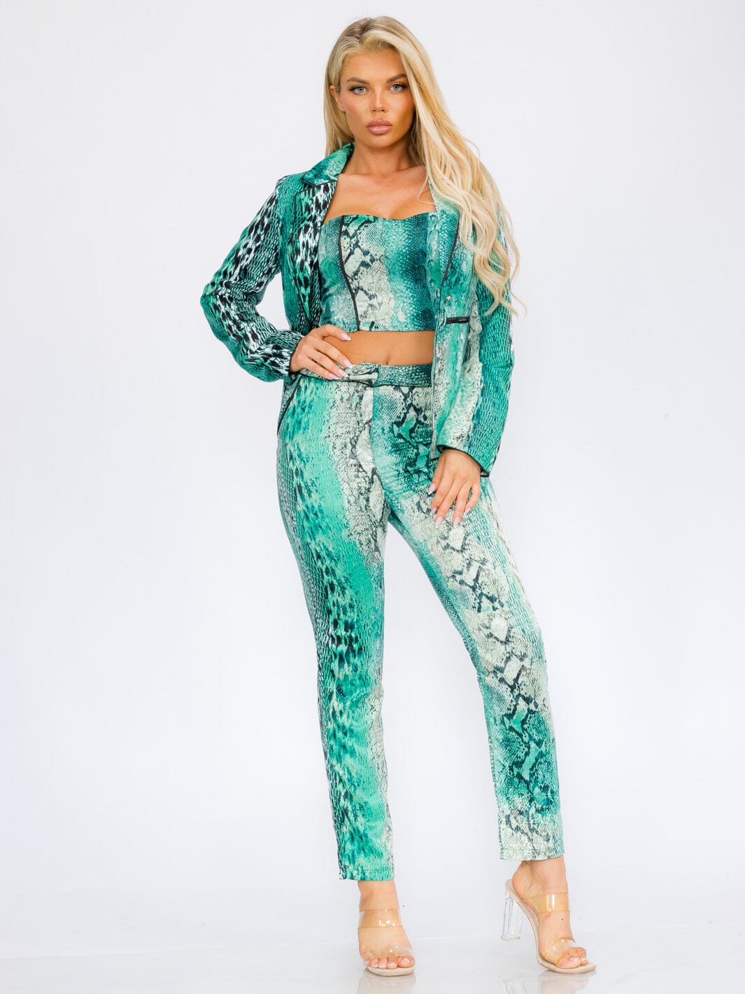 WOMEN'S LONG SLEEVE BLAZER WITH CROP TOP & BUTTON CLOSURE PANTS SNAKE PRINT 3PC SET