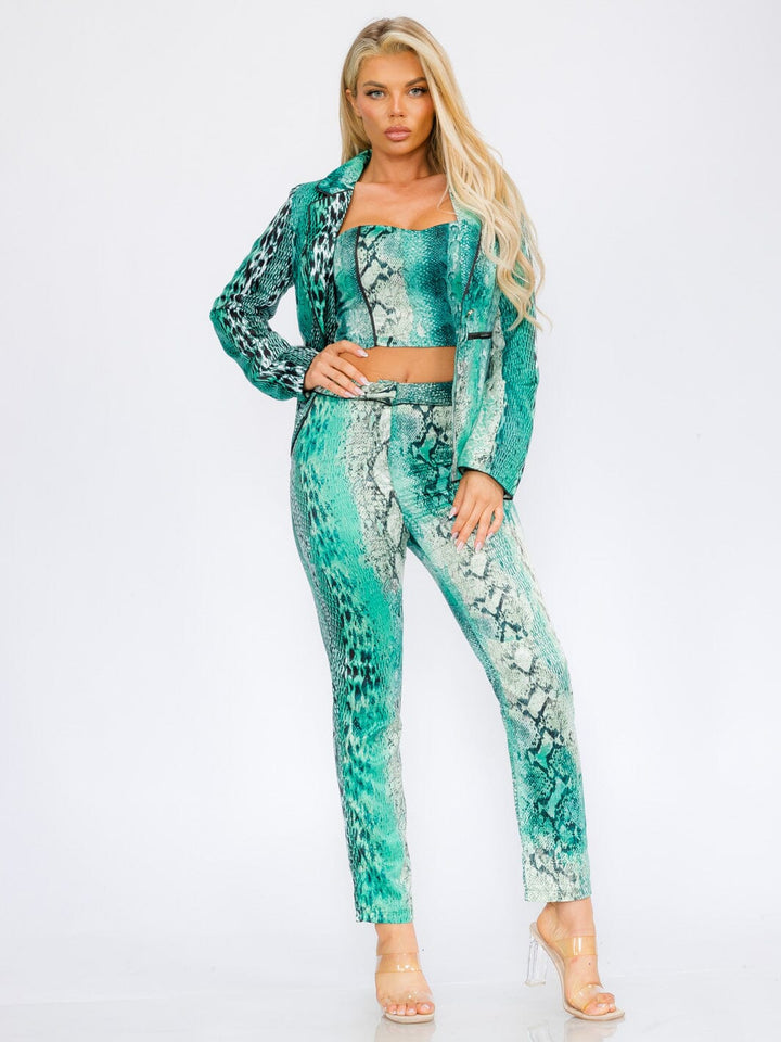 WOMEN'S LONG SLEEVE BLAZER WITH CROP TOP & BUTTON CLOSURE PANTS SNAKE PRINT 3PC SET