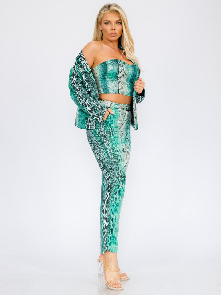 WOMEN'S LONG SLEEVE BLAZER WITH CROP TOP & BUTTON CLOSURE PANTS SNAKE PRINT 3PC SET