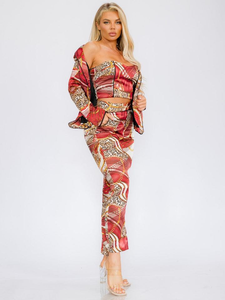 WOMEN'S LONG SLEEVE BLAZER WITH CROP TOP & BUTTON CLOSURE PANTS MULTI PRINT 3PC SET