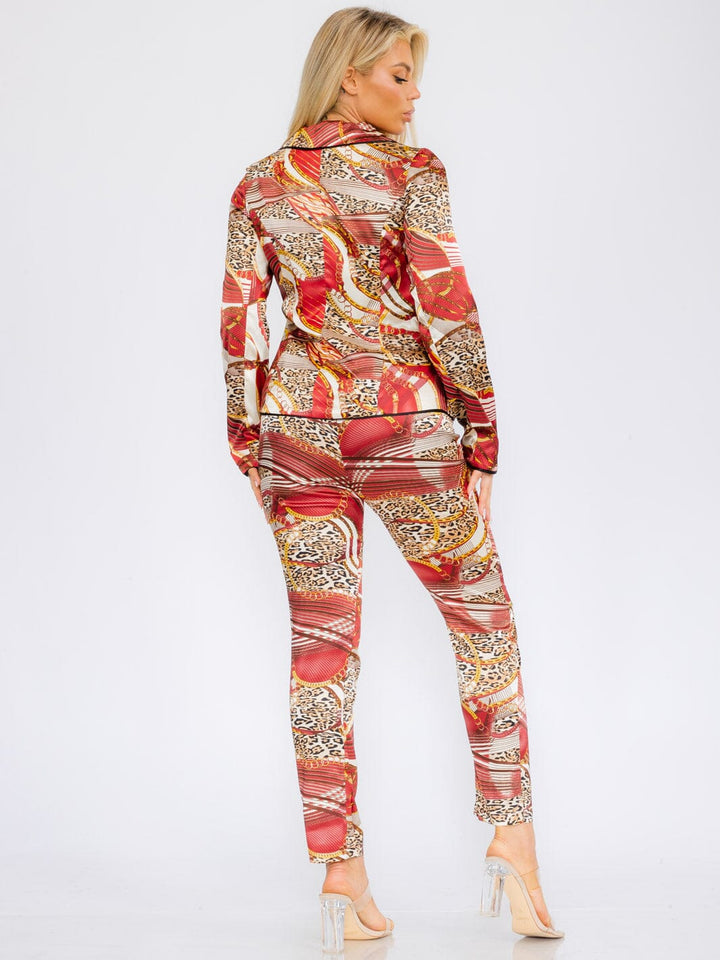 WOMEN'S LONG SLEEVE BLAZER WITH CROP TOP & BUTTON CLOSURE PANTS MULTI PRINT 3PC SET