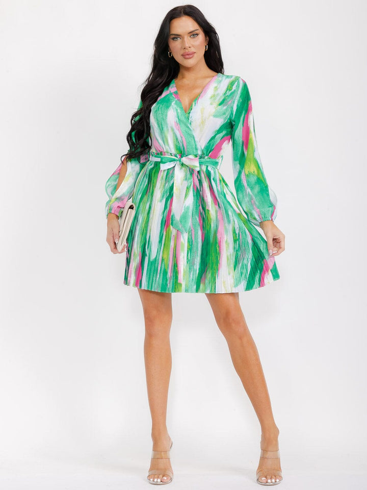 WOMEN'S LONG SLEEVE COLD SHOULDER SURPLICE SELF TIE PLEATED MINI DRESS