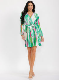 WOMEN'S LONG SLEEVE COLD SHOULDER SURPLICE SELF TIE PLEATED MINI DRESS