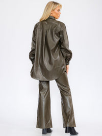 WOMEN'S LONG SLEEVE BUTTON CLOSURE PU PLEATHER JACKET