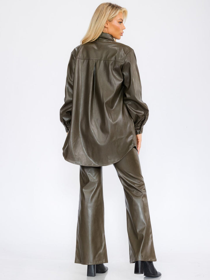 WOMEN'S LONG SLEEVE BUTTON CLOSURE PU PLEATHER JACKET