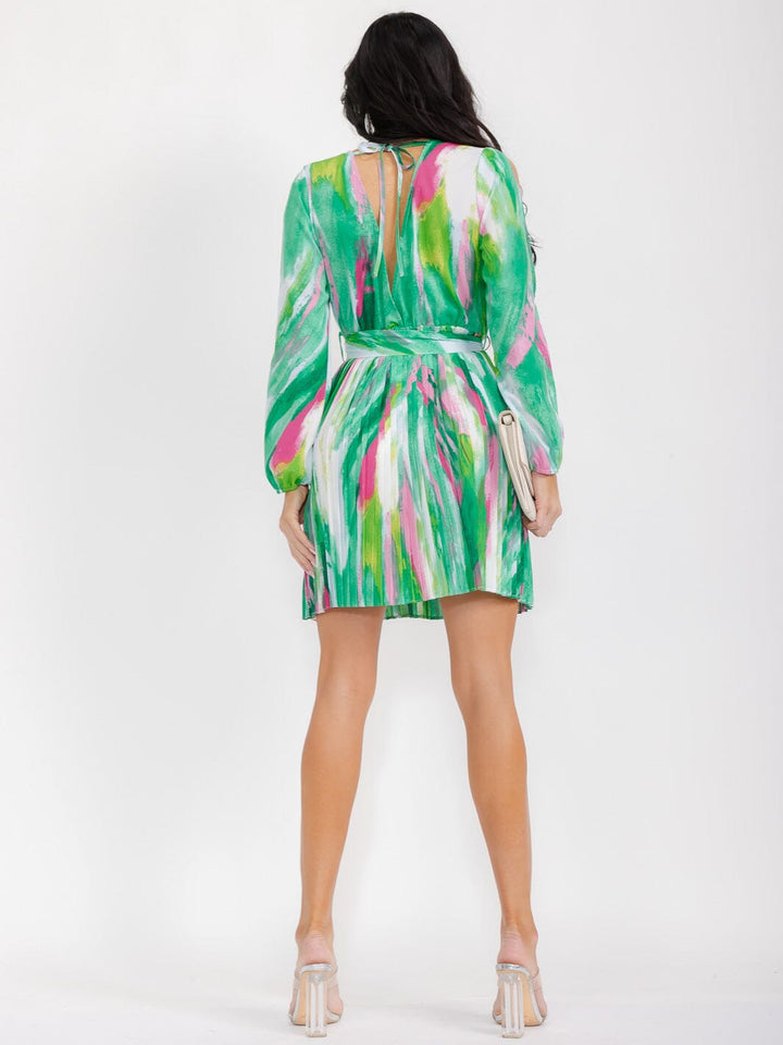 WOMEN'S LONG SLEEVE COLD SHOULDER SURPLICE SELF TIE PLEATED MINI DRESS