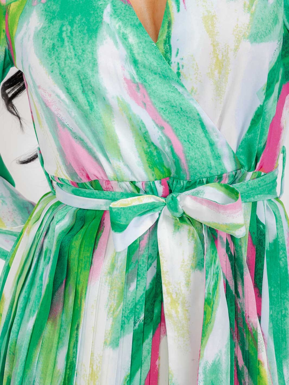 WOMEN'S LONG SLEEVE COLD SHOULDER SURPLICE SELF TIE PLEATED MINI DRESS