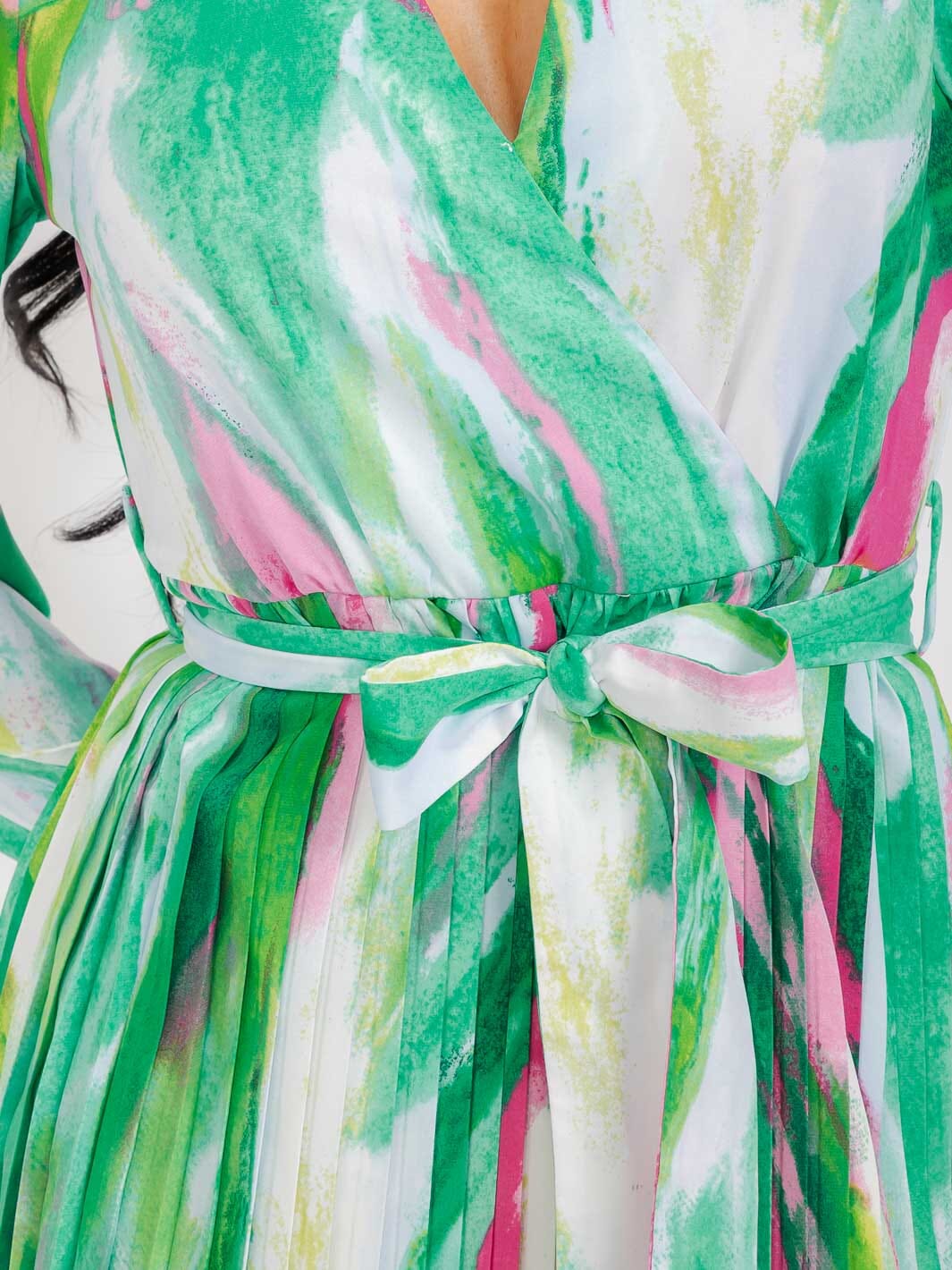 WOMEN'S LONG SLEEVE COLD SHOULDER SURPLICE SELF TIE PLEATED MINI DRESS