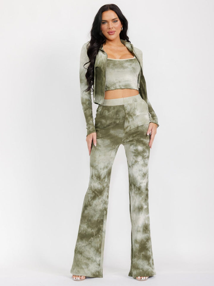 WOMEN'S LONG SLEEVE CARDIGAN WITH CROP TOP & WIDE LEG PANTS TIE DYE 3PC. SET