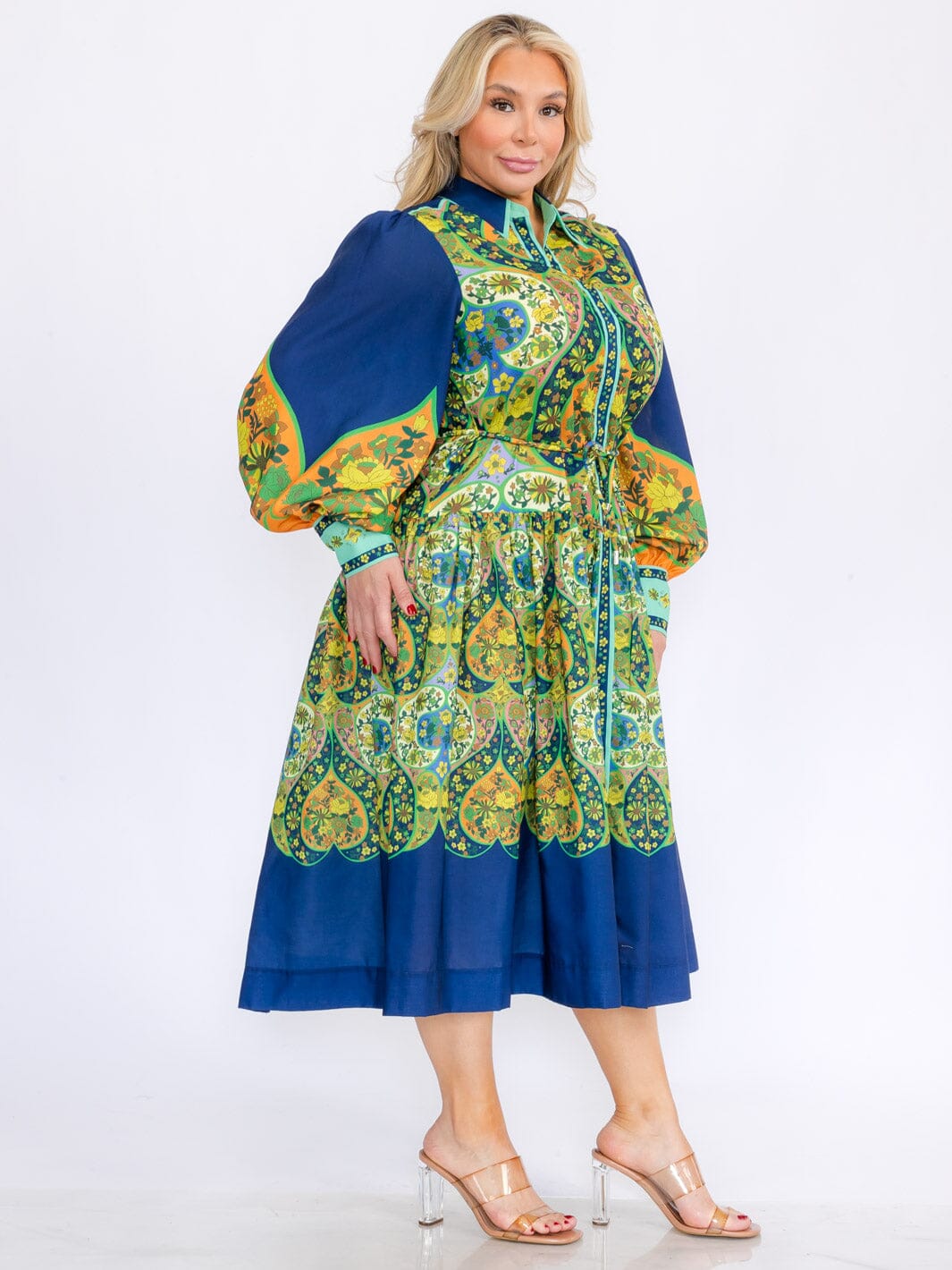 PLUS SIZE LONG PUFF SLEEVES COLORBLOCK BUTTON UP FLORAL MAXI DRESS