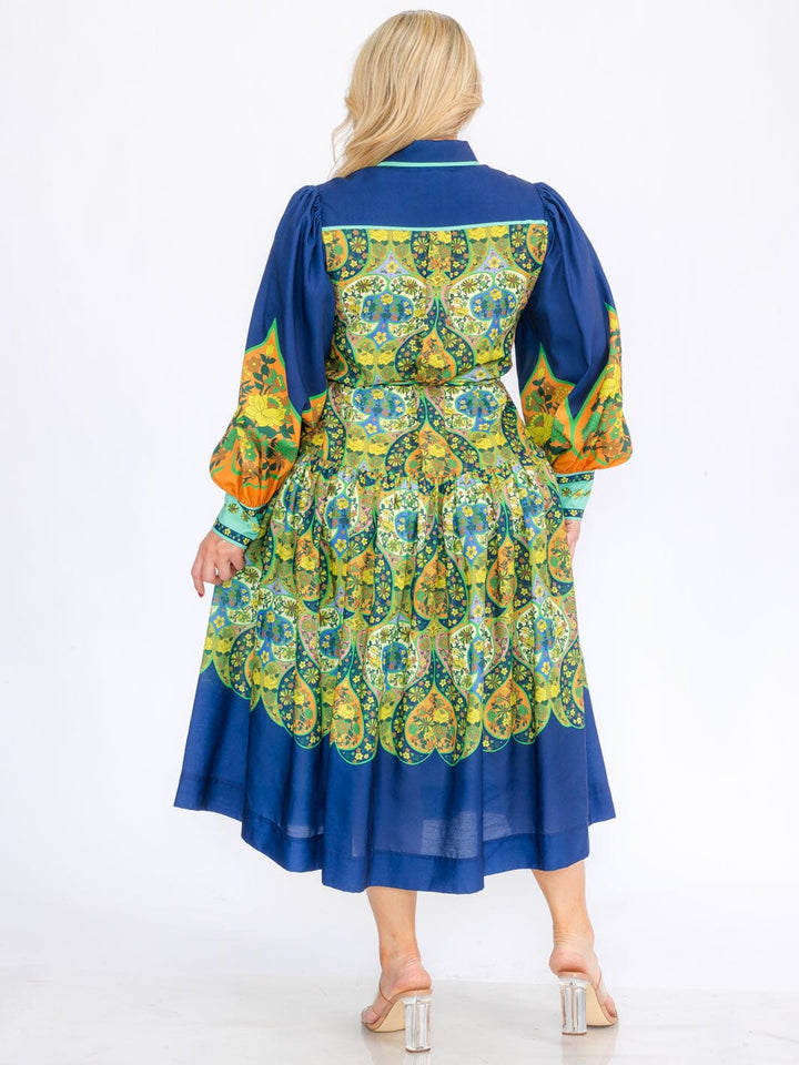 PLUS SIZE LONG PUFF SLEEVES COLORBLOCK BUTTON UP FLORAL MAXI DRESS