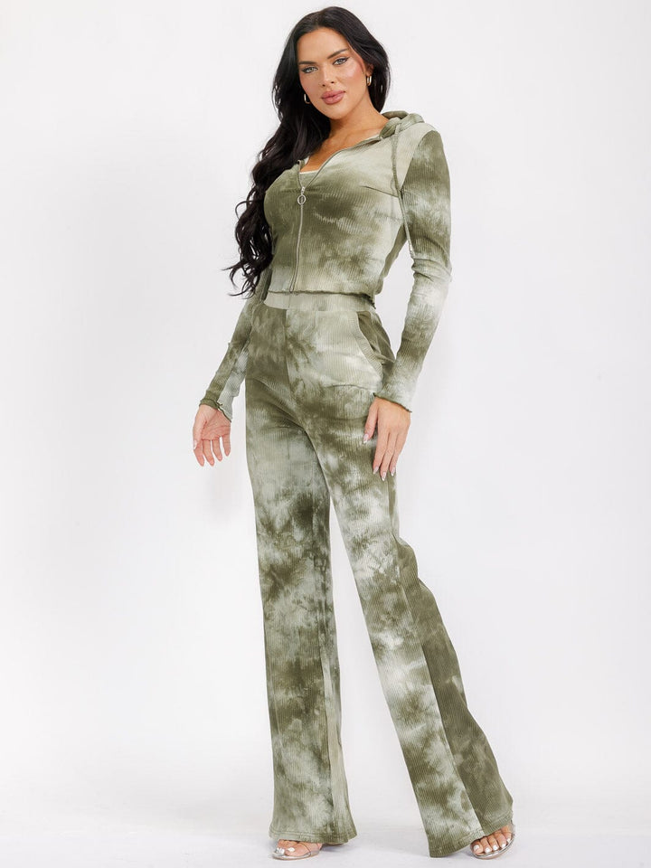 WOMEN'S LONG SLEEVE CARDIGAN WITH CROP TOP & WIDE LEG PANTS TIE DYE 3PC. SET