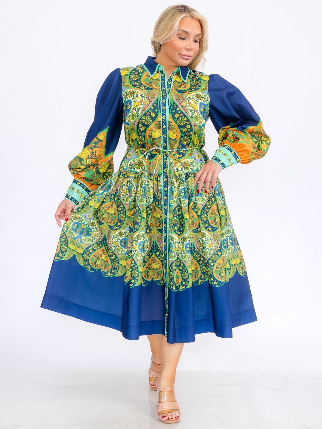 PLUS SIZE LONG PUFF SLEEVES COLORBLOCK BUTTON UP FLORAL MAXI DRESS