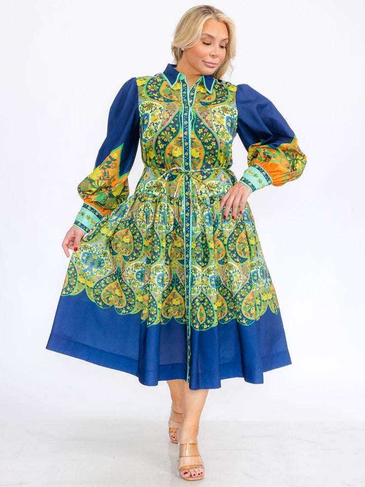 PLUS SIZE LONG PUFF SLEEVES COLORBLOCK BUTTON UP FLORAL MAXI DRESS