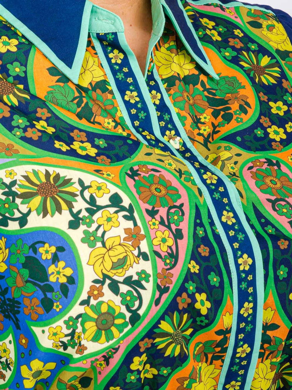 PLUS SIZE LONG PUFF SLEEVES COLORBLOCK BUTTON UP FLORAL MAXI DRESS