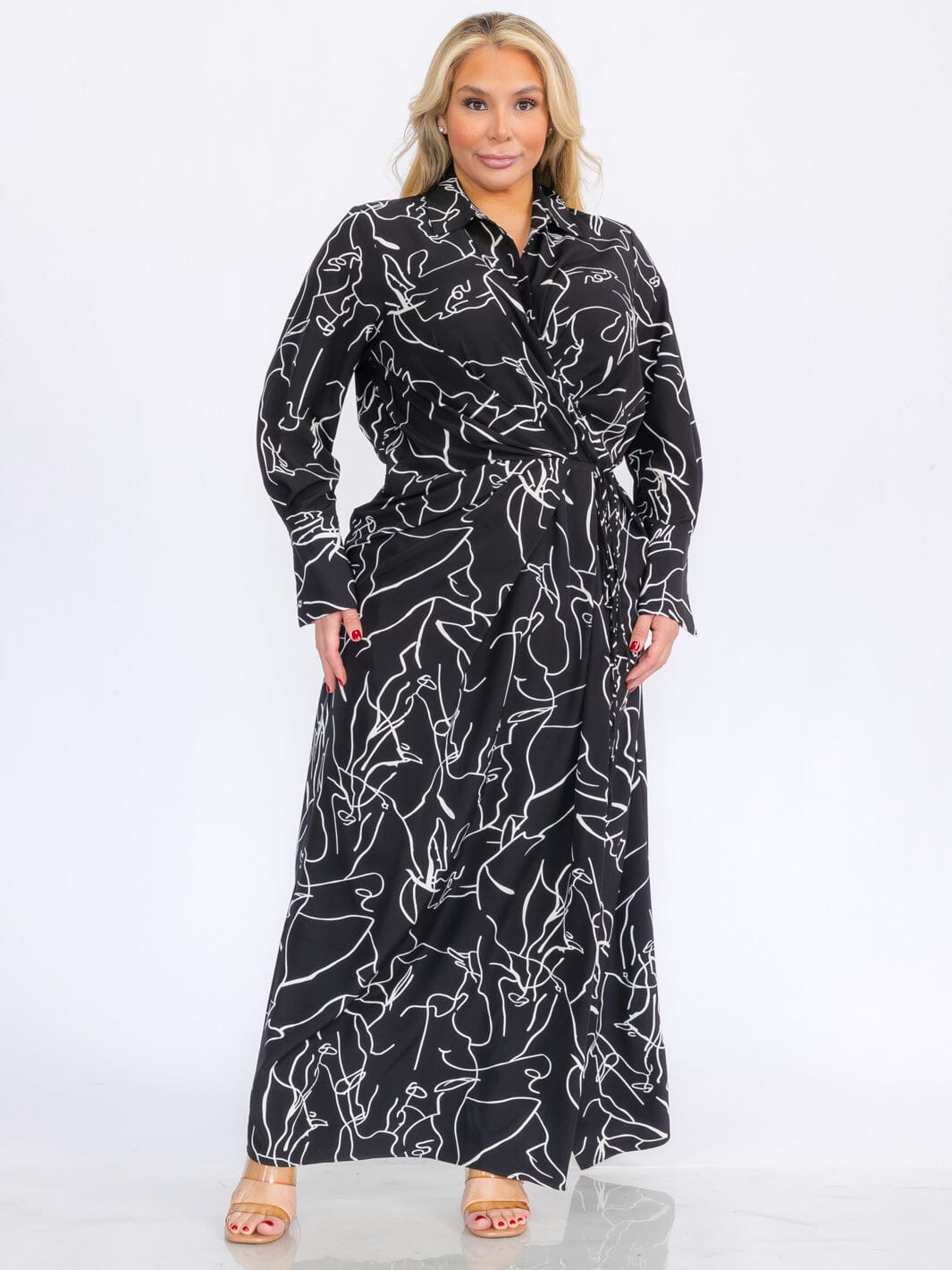 PLUS SIZE LONG SLEEVES BUTTON UP PRINTED WRAP MAXI DRESS