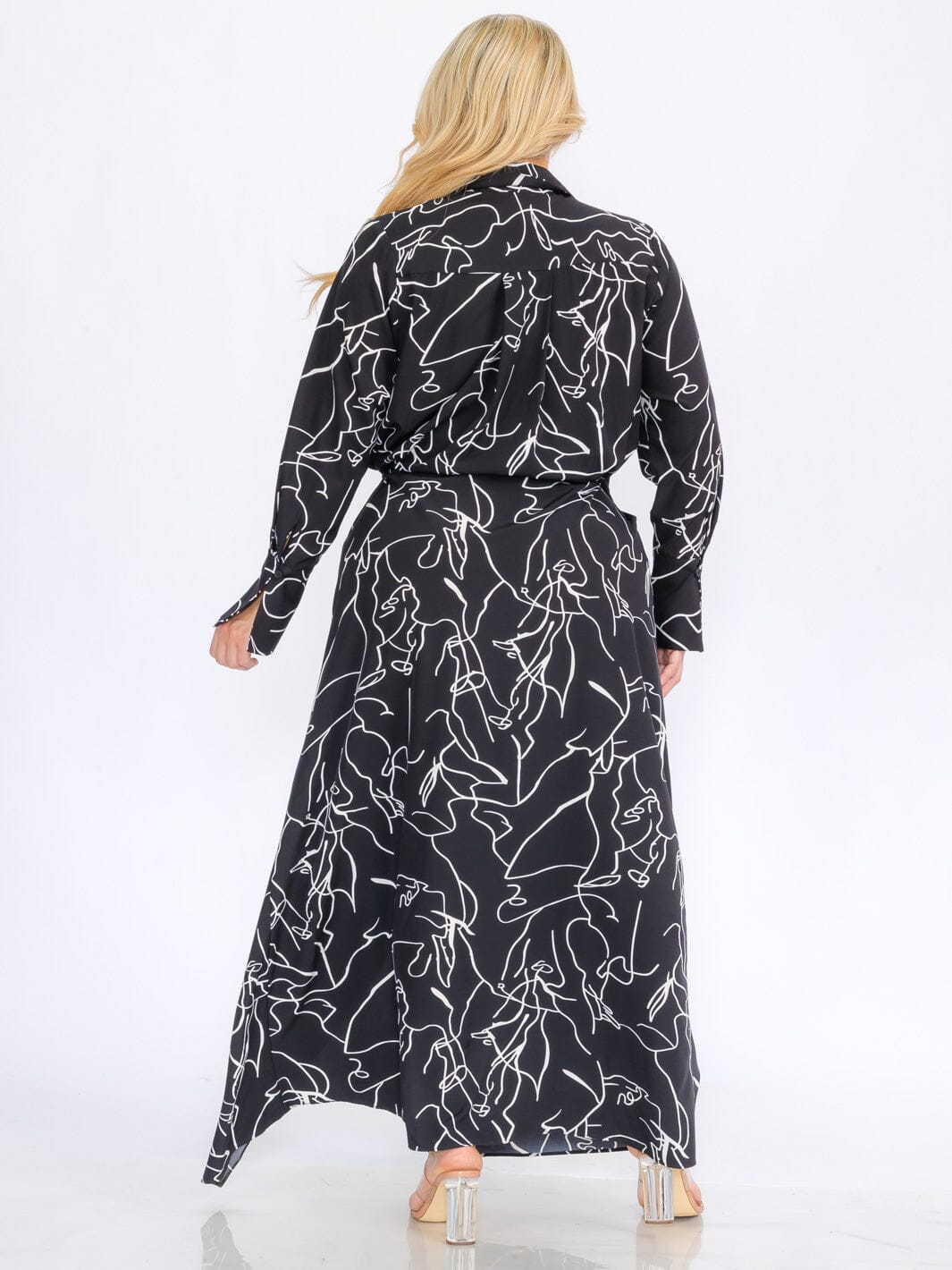 PLUS SIZE LONG SLEEVES BUTTON UP PRINTED WRAP MAXI DRESS