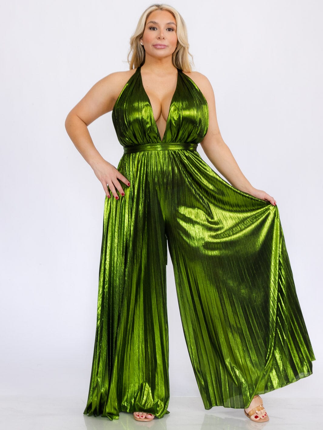 PLUS SIZE SLEEVELESS V-NECK OPEN BACK PLEATED SHIMMER WIDE LEG JUMPSUIT