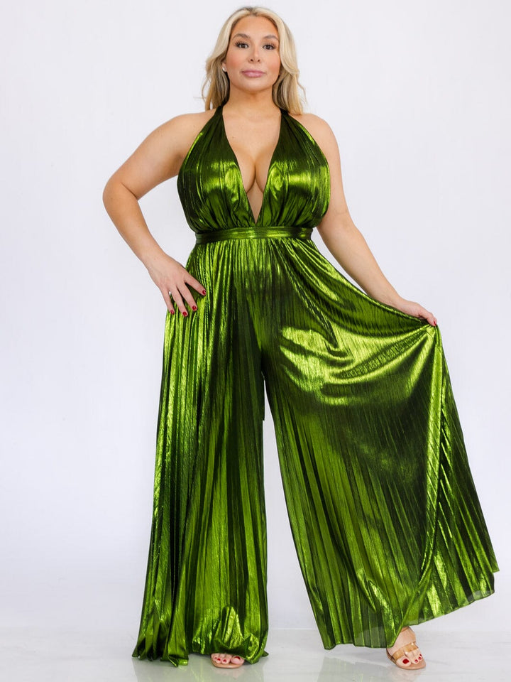 PLUS SIZE SLEEVELESS V-NECK OPEN BACK PLEATED SHIMMER WIDE LEG JUMPSUIT