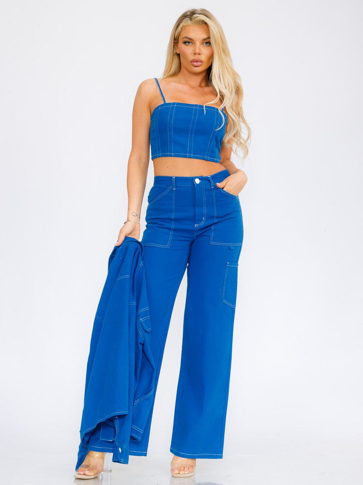 WOMEN'S SLEEVELESS CROP TOP & BUTTON CLOSURE WIDE LEG PANTS DENIM 2PC SET